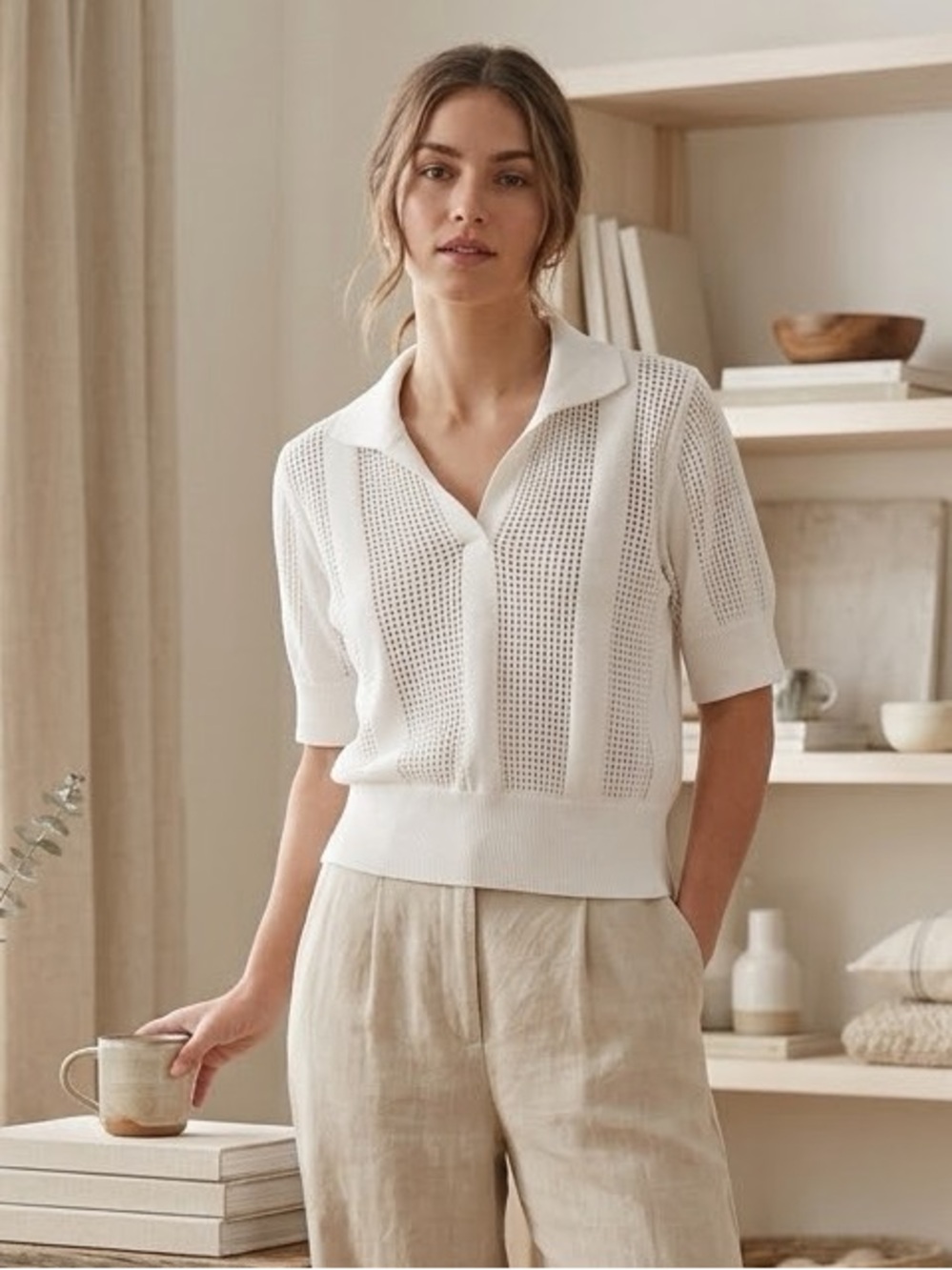 OOO White Knit Polo Top | Open Knit Crochet | Cropped Short Sleeve Sweater